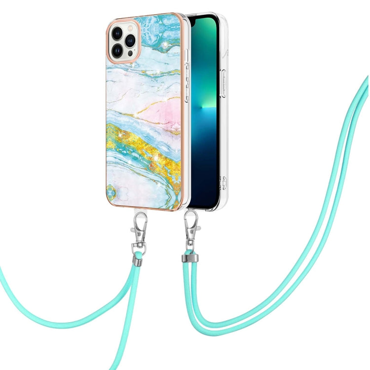 For iPhone 15 Pro Electroplating Marble Pattern IMD TPU Shockproof Case with Neck Lanyard(Green 004) - HoMEdemic™ 