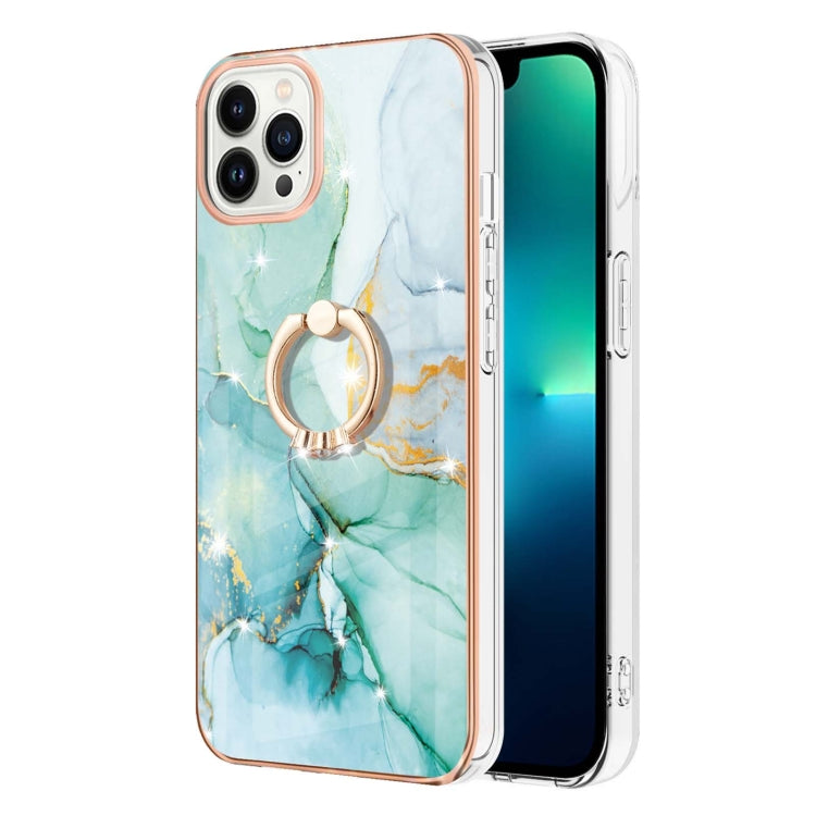 For iPhone 15 Pro Electroplating Marble Pattern IMD TPU Shockproof Case with Ring Holder(Green 003) - HoMEdemic™ 