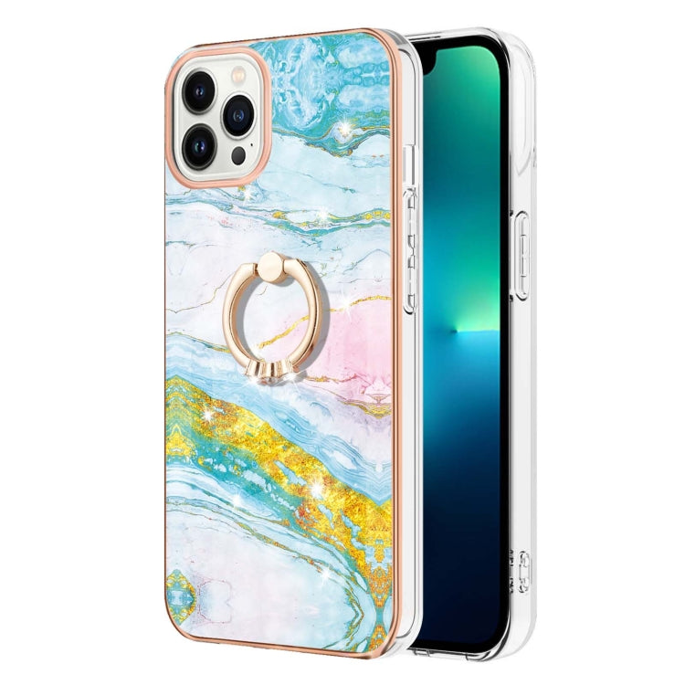 For iPhone 15 Pro Electroplating Marble Pattern IMD TPU Shockproof Case with Ring Holder(Green 004) - HoMEdemic™ 