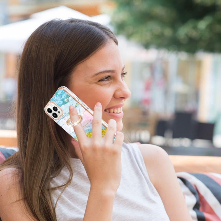 For iPhone 15 Pro Electroplating Marble Pattern IMD TPU Shockproof Case with Ring Holder(Green 004) - HoMEdemic™ 