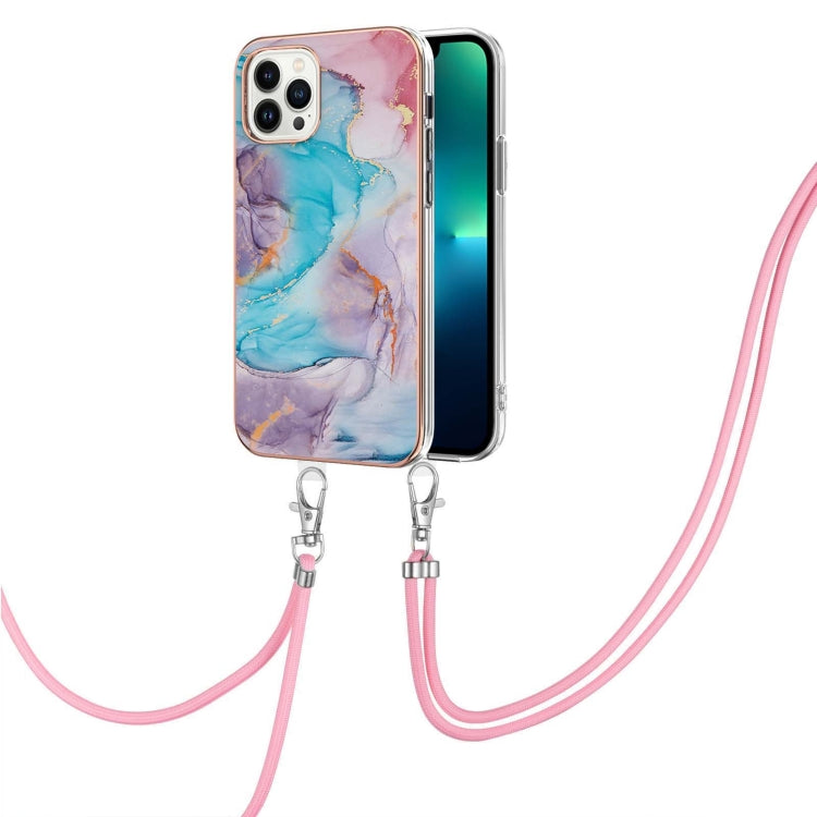 For iPhone 15 Pro Electroplating Pattern IMD TPU Shockproof Case with Neck Lanyard(Milky Way Blue Marble) - HoMEdemic™ 
