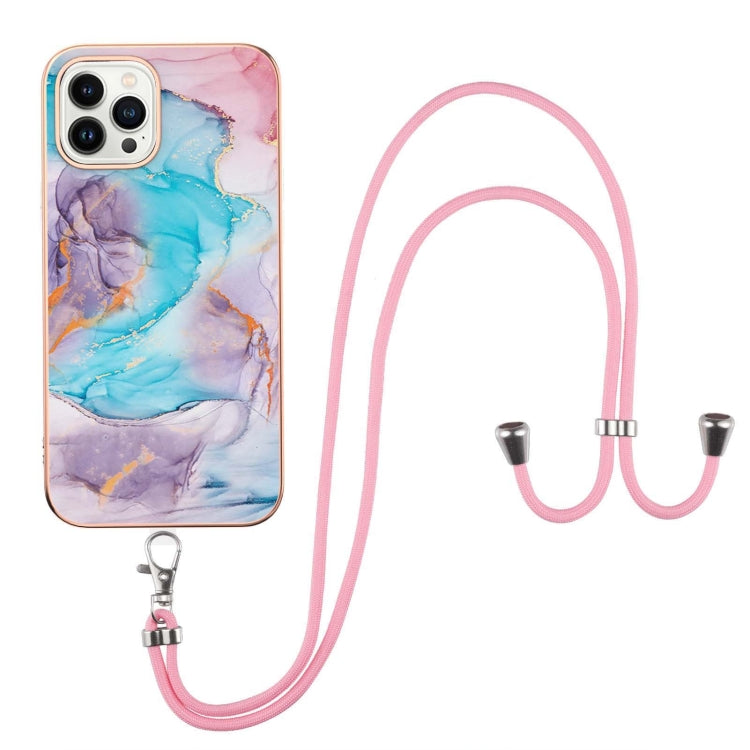 For iPhone 15 Pro Electroplating Pattern IMD TPU Shockproof Case with Neck Lanyard(Milky Way Blue Marble) - HoMEdemic™ 