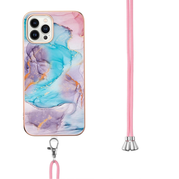 For iPhone 15 Pro Electroplating Pattern IMD TPU Shockproof Case with Neck Lanyard(Milky Way Blue Marble) - HoMEdemic™ 