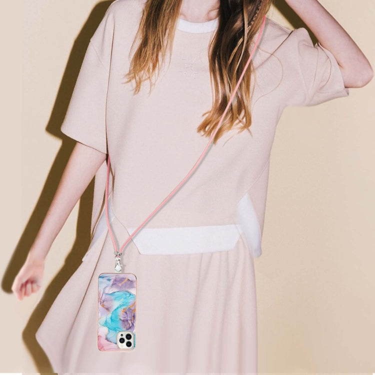 For iPhone 15 Pro Electroplating Pattern IMD TPU Shockproof Case with Neck Lanyard(Milky Way Blue Marble) - HoMEdemic™ 