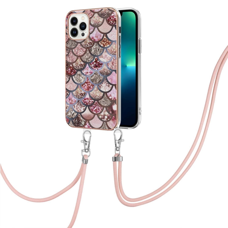 For iPhone 15 Pro Electroplating Pattern IMD TPU Shockproof Case with Neck Lanyard(Pink Scales) - HoMEdemic™ 
