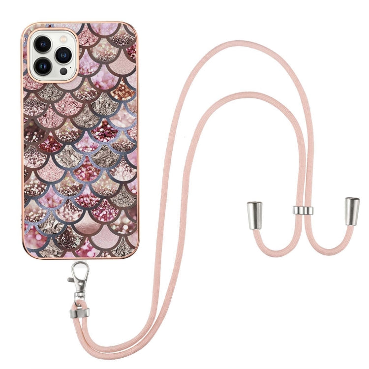For iPhone 15 Pro Electroplating Pattern IMD TPU Shockproof Case with Neck Lanyard(Pink Scales) - HoMEdemic™ 