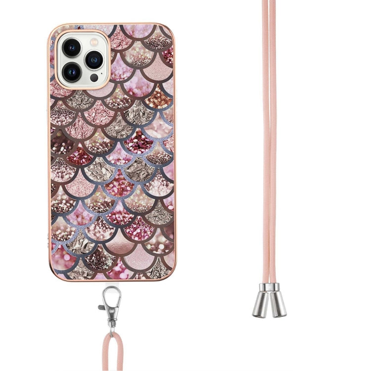 For iPhone 15 Pro Electroplating Pattern IMD TPU Shockproof Case with Neck Lanyard(Pink Scales) - HoMEdemic™ 