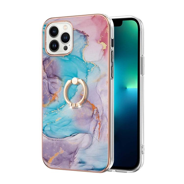 For iPhone 15 Pro Electroplating Pattern IMD TPU Shockproof Case with Rhinestone Ring Holder(Milky Way Blue Marble) - HoMEdemic™ 