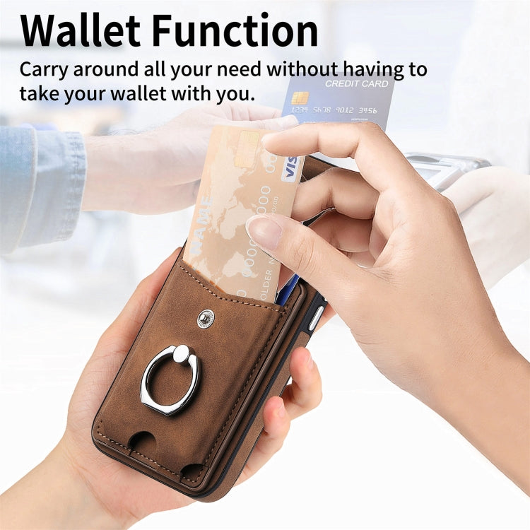 For iPhone 15 Pro Electroplating Skin-feel Leather Ring Card Wallet Phone Case(Brown) - HoMEdemic™ 