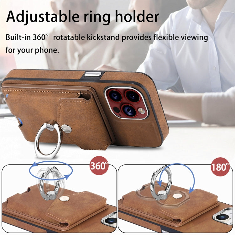 For iPhone 15 Pro Electroplating Skin-feel Leather Ring Card Wallet Phone Case(Brown) - HoMEdemic™ 