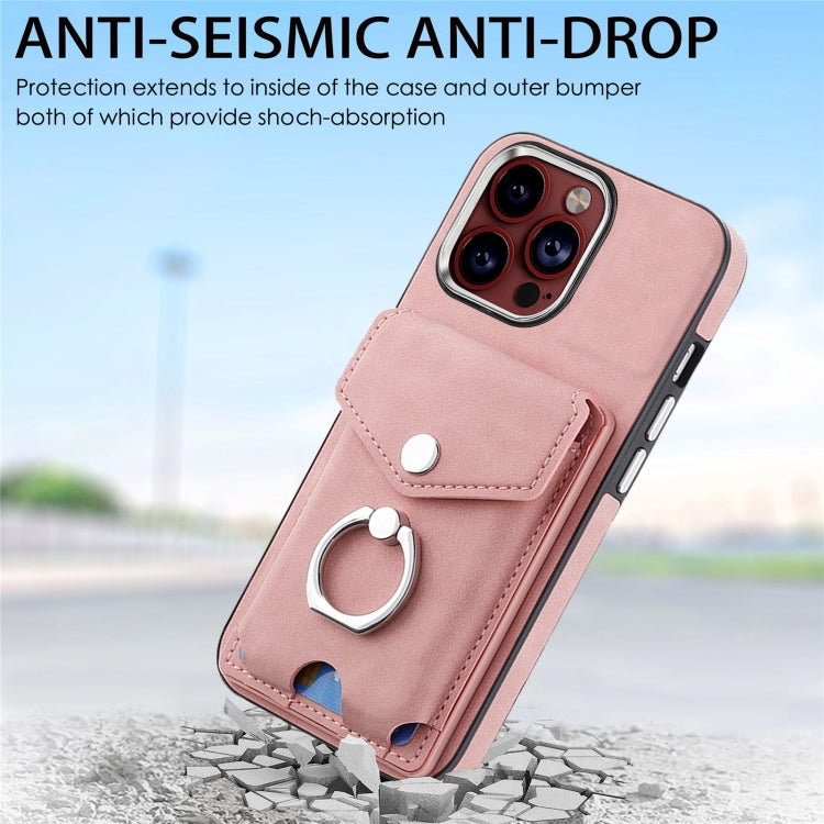 For iPhone 15 Pro Electroplating Skin-feel Leather Ring Card Wallet Phone Case(Pink) - HoMEdemic™ 