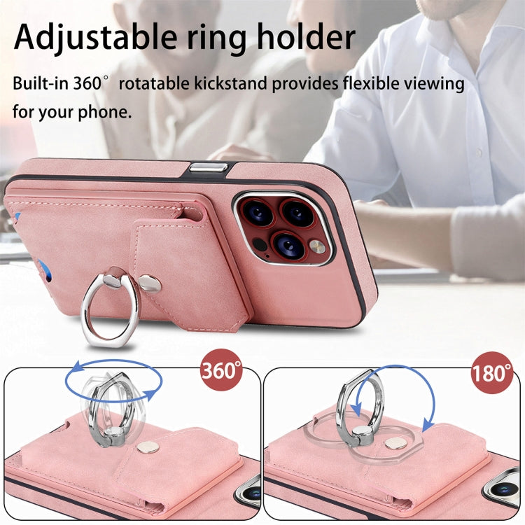 For iPhone 15 Pro Electroplating Skin-feel Leather Ring Card Wallet Phone Case(Pink) - HoMEdemic™ 
