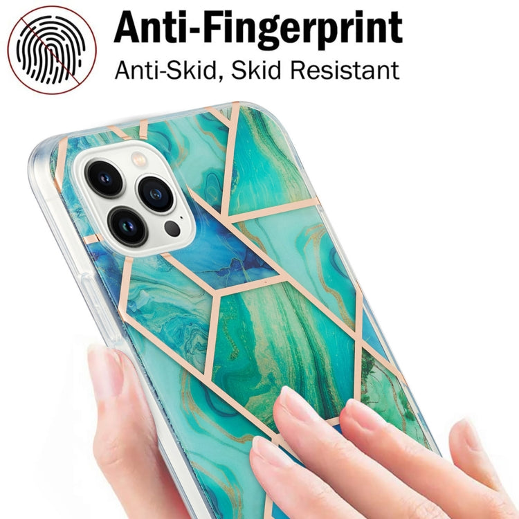 For iPhone 15 Pro Electroplating Splicing Marble Flower Pattern Dual-side IMD TPU Shockproof Phone Case(Green) - HoMEdemic™ 