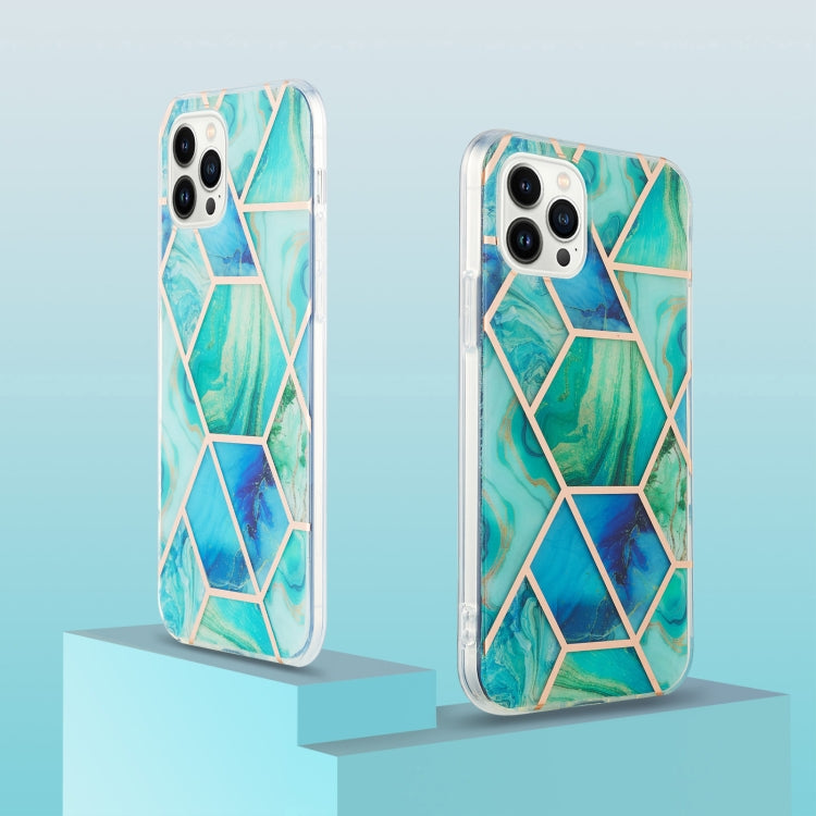 For iPhone 15 Pro Electroplating Splicing Marble Flower Pattern Dual-side IMD TPU Shockproof Phone Case(Green) - HoMEdemic™ 