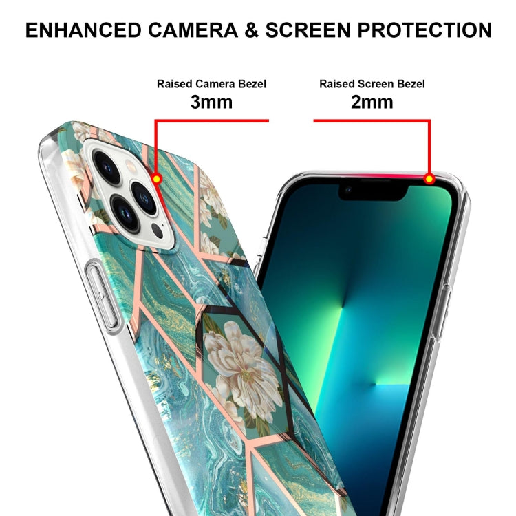 For iPhone 15 Pro Electroplating Splicing Marble Flower Pattern TPU Shockproof Case(Blue Flower) - HoMEdemic™ 
