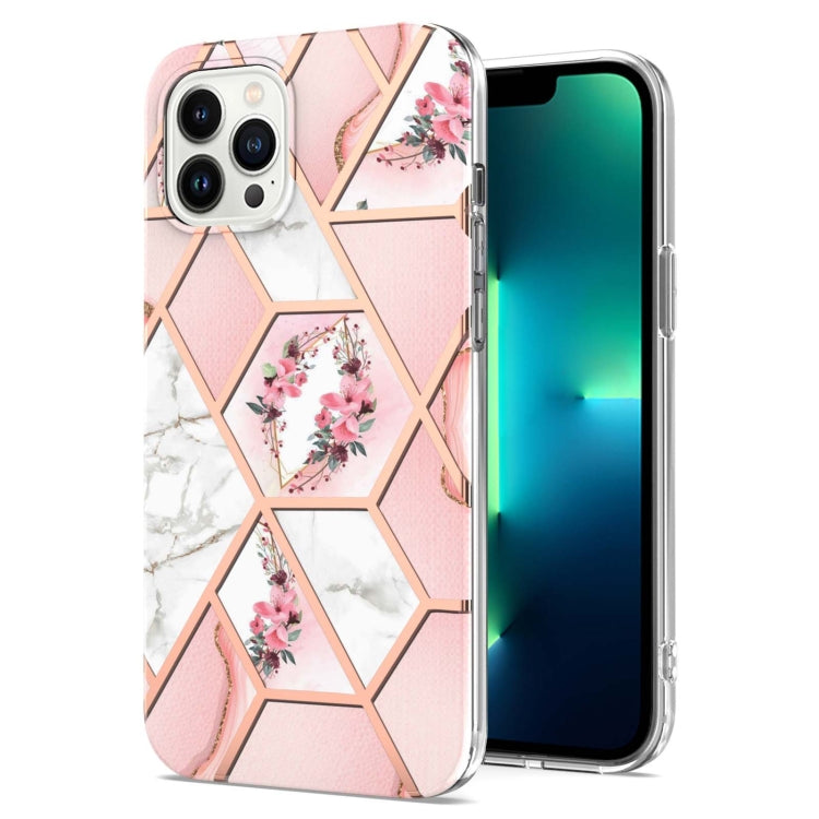 For iPhone 15 Pro Electroplating Splicing Marble Flower Pattern TPU Shockproof Case(Pink Flower) - HoMEdemic™ 