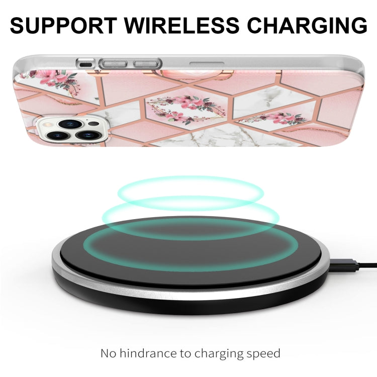 For iPhone 15 Pro Electroplating Splicing Marble Flower Pattern TPU Shockproof Case(Pink Flower) - HoMEdemic™ 