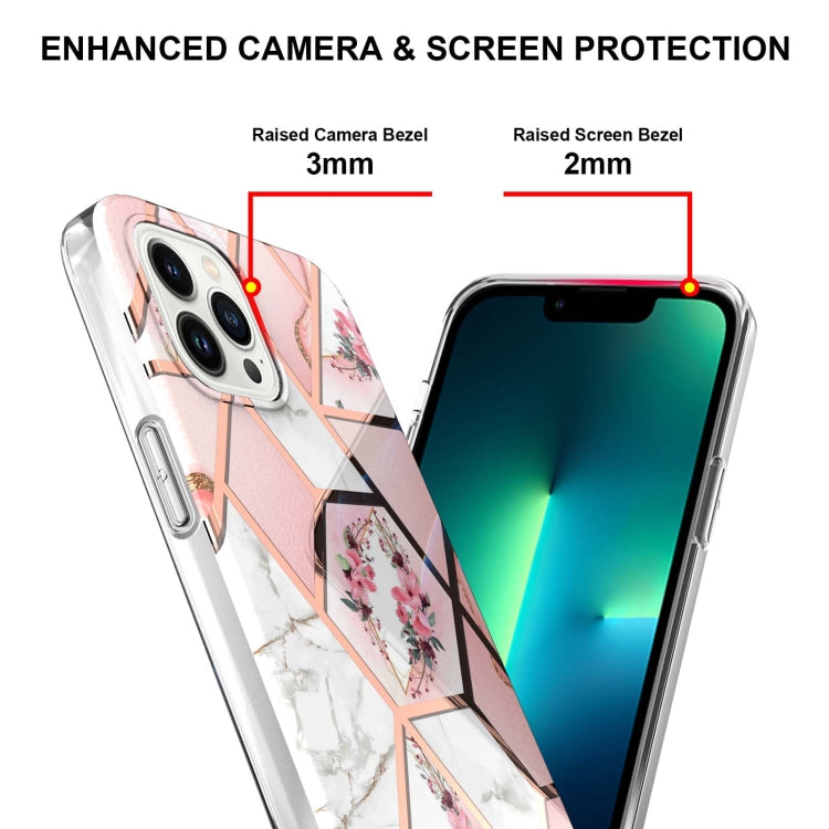 For iPhone 15 Pro Electroplating Splicing Marble Flower Pattern TPU Shockproof Case(Pink Flower) - HoMEdemic™ 