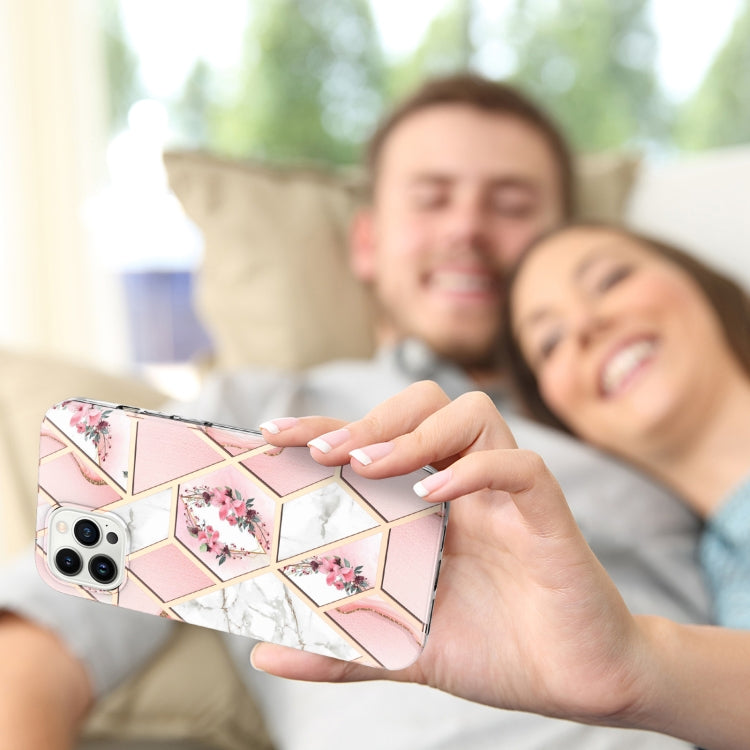 For iPhone 15 Pro Electroplating Splicing Marble Flower Pattern TPU Shockproof Case(Pink Flower) - HoMEdemic™ 