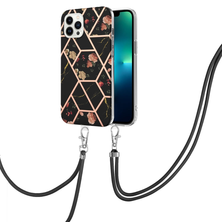 For iPhone 15 Pro Electroplating Splicing Marble Flower Pattern TPU Shockproof Case with Lanyard(Black Flower) - HoMEdemic™ 