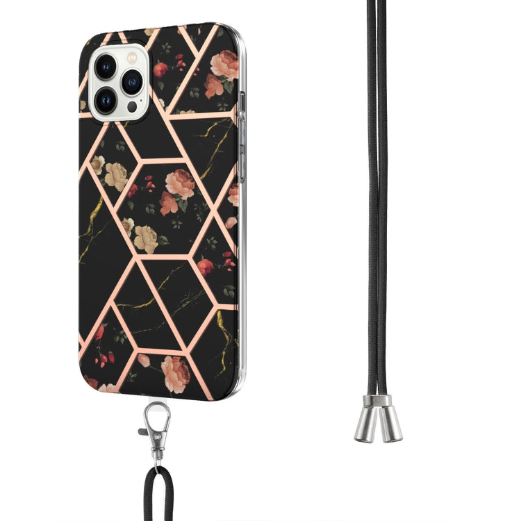 For iPhone 15 Pro Electroplating Splicing Marble Flower Pattern TPU Shockproof Case with Lanyard(Black Flower) - HoMEdemic™ 