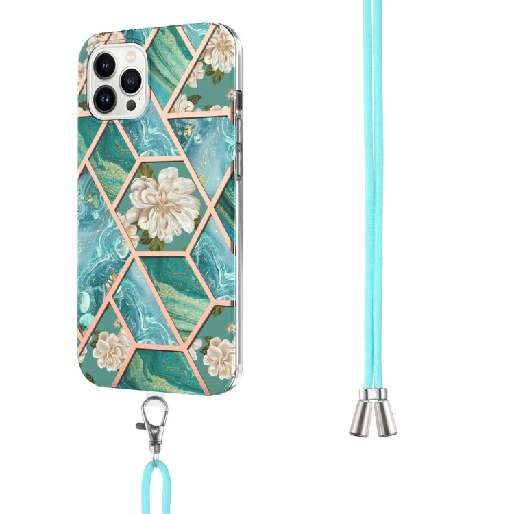 For iPhone 15 Pro Electroplating Splicing Marble Flower Pattern TPU Shockproof Case with Lanyard(Blue Flower) - HoMEdemic™ 