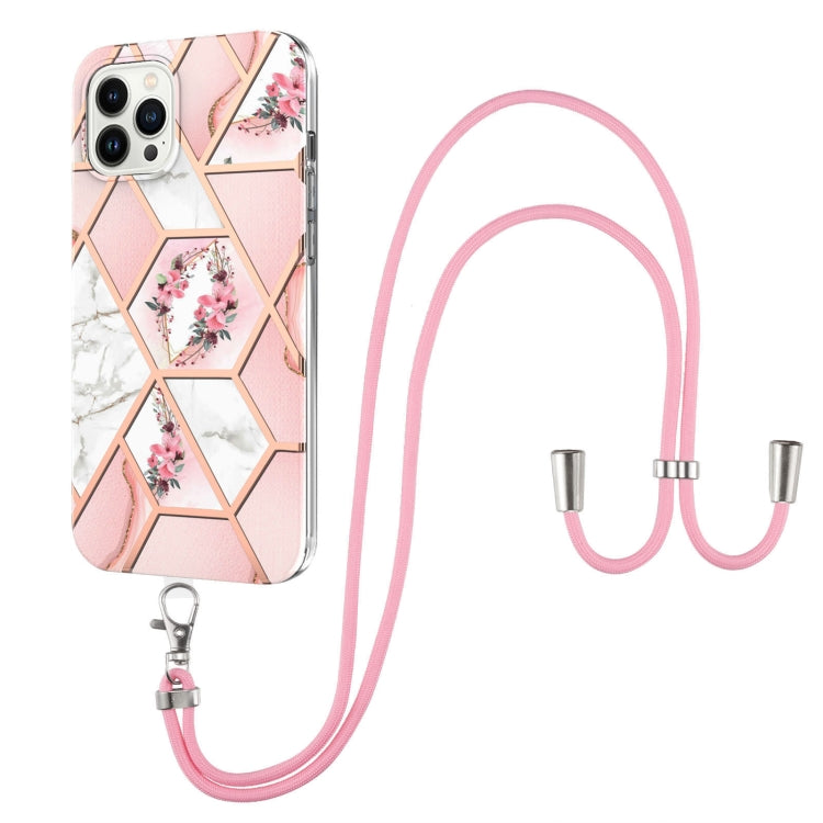 For iPhone 15 Pro Electroplating Splicing Marble Flower Pattern TPU Shockproof Case with Lanyard(Pink Flower) - HoMEdemic™ 