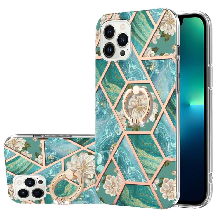 For iPhone 15 Pro Electroplating Splicing Marble Flower Pattern TPU Shockproof Case with Rhinestone Ring Holder(Blue Flower) - HoMEdemic™ 