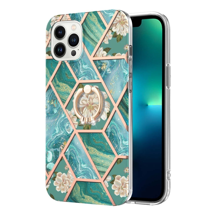 For iPhone 15 Pro Electroplating Splicing Marble Flower Pattern TPU Shockproof Case with Rhinestone Ring Holder(Blue Flower) - HoMEdemic™ 