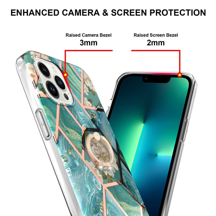 For iPhone 15 Pro Electroplating Splicing Marble Flower Pattern TPU Shockproof Case with Rhinestone Ring Holder(Blue Flower) - HoMEdemic™ 