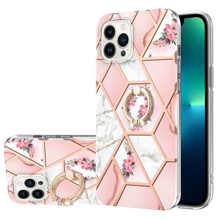 For iPhone 15 Pro Electroplating Splicing Marble Flower Pattern TPU Shockproof Case with Rhinestone Ring Holder(Pink Flower) - HoMEdemic™ 