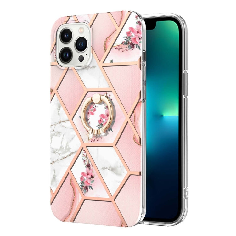 For iPhone 15 Pro Electroplating Splicing Marble Flower Pattern TPU Shockproof Case with Rhinestone Ring Holder(Pink Flower) - HoMEdemic™ 