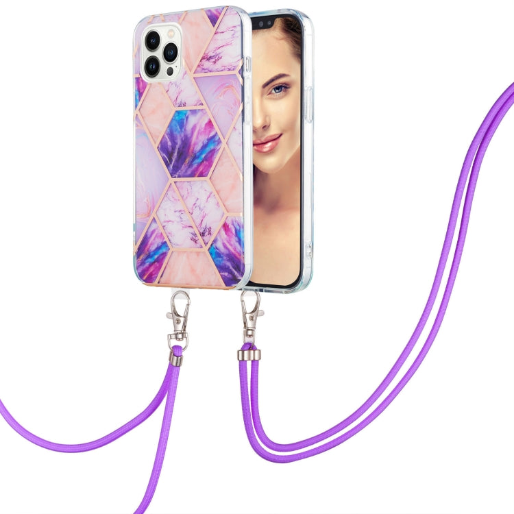 For iPhone 15 Pro Electroplating Splicing Marble Pattern IMD TPU Shockproof Case with Neck Lanyard(Light Purple) - HoMEdemic™ 