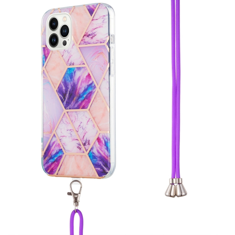 For iPhone 15 Pro Electroplating Splicing Marble Pattern IMD TPU Shockproof Case with Neck Lanyard(Light Purple) - HoMEdemic™ 