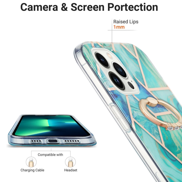 For iPhone 15 Pro Electroplating Splicing Marble Pattern IMD TPU Shockproof Case with Ring Holder(Green) - HoMEdemic™ 
