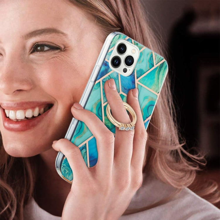 For iPhone 15 Pro Electroplating Splicing Marble Pattern IMD TPU Shockproof Case with Ring Holder(Green) - HoMEdemic™ 