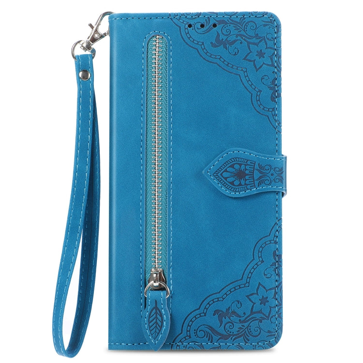 For iPhone 15 Pro Embossed Flower Zipper Leather Phone Case(Blue) - HoMEdemic™ 
