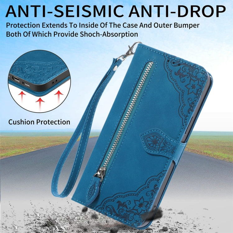 For iPhone 15 Pro Embossed Flower Zipper Leather Phone Case(Blue) - HoMEdemic™ 