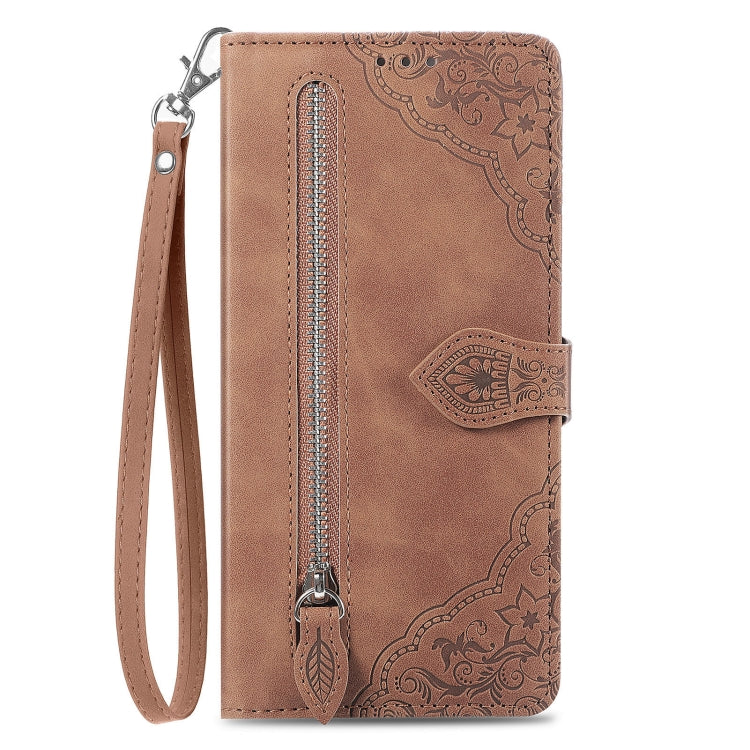 For iPhone 15 Pro Embossed Flower Zipper Leather Phone Case(Brown) - HoMEdemic™ 