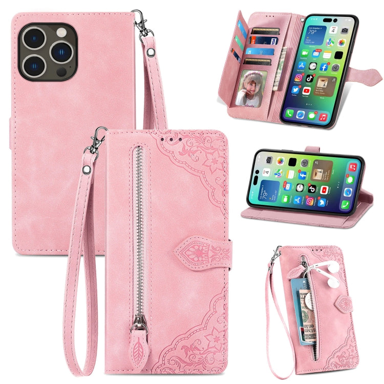 For iPhone 15 Pro Embossed Flower Zipper Leather Phone Case(Pink) - HoMEdemic™ 