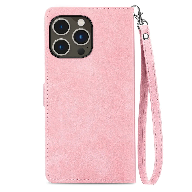 For iPhone 15 Pro Embossed Flower Zipper Leather Phone Case(Pink) - HoMEdemic™ 