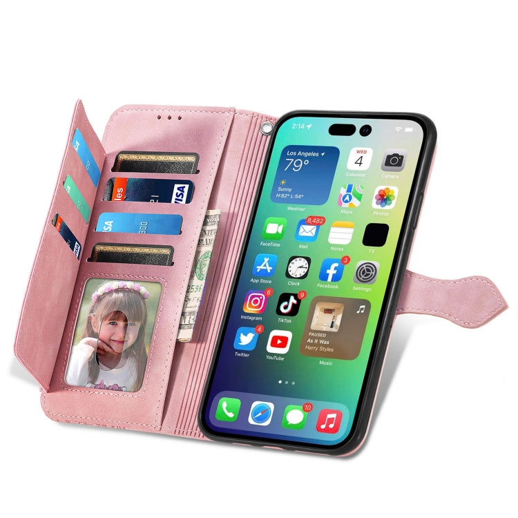 For iPhone 15 Pro Embossed Flower Zipper Leather Phone Case(Pink) - HoMEdemic™ 