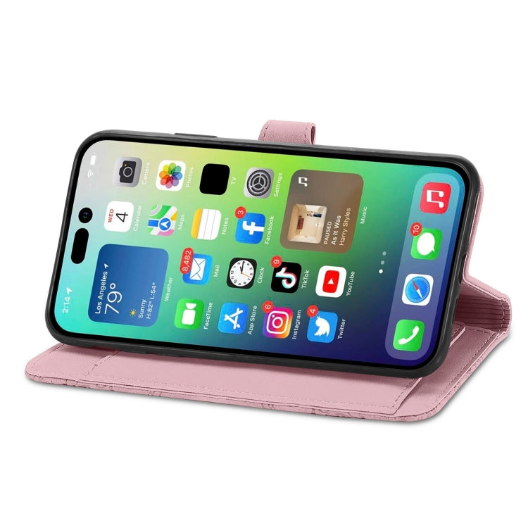 For iPhone 15 Pro Embossed Flower Zipper Leather Phone Case(Pink) - HoMEdemic™ 