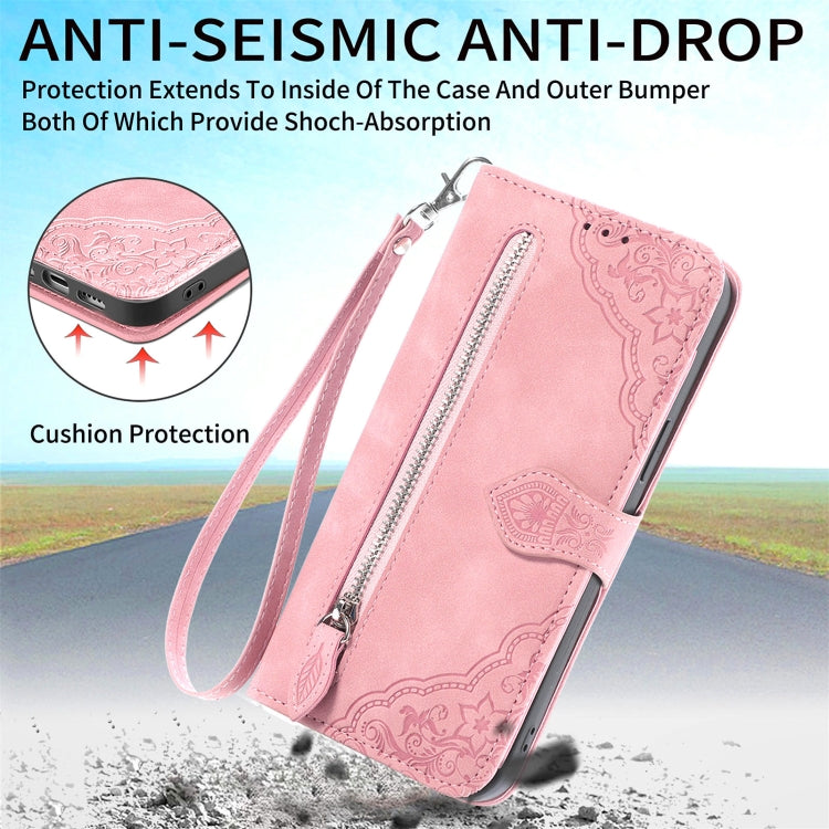 For iPhone 15 Pro Embossed Flower Zipper Leather Phone Case(Pink) - HoMEdemic™ 
