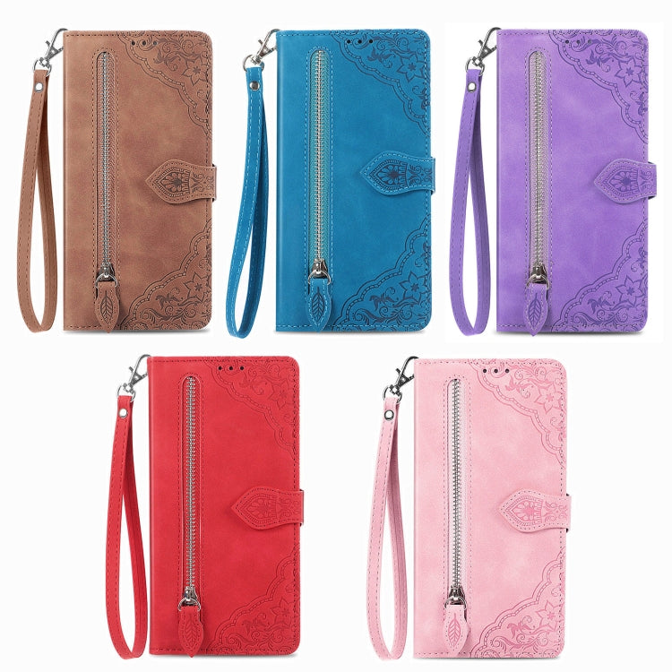 For iPhone 15 Pro Embossed Flower Zipper Leather Phone Case(Red) - HoMEdemic™ 