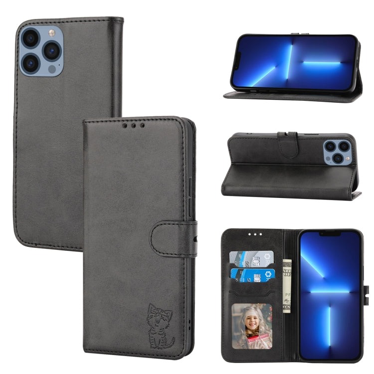 For iPhone 15 Pro Embossed Happy Cat Pattern Flip Leather Phone Case(Black) - HoMEdemic™ 