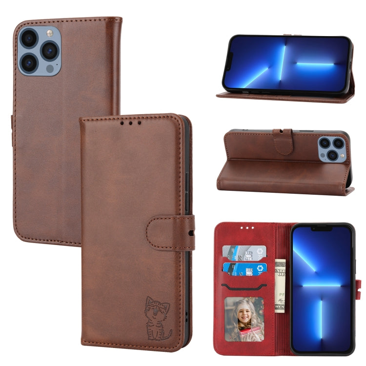 For iPhone 15 Pro Embossed Happy Cat Pattern Flip Leather Phone Case(Brown) - HoMEdemic™ 