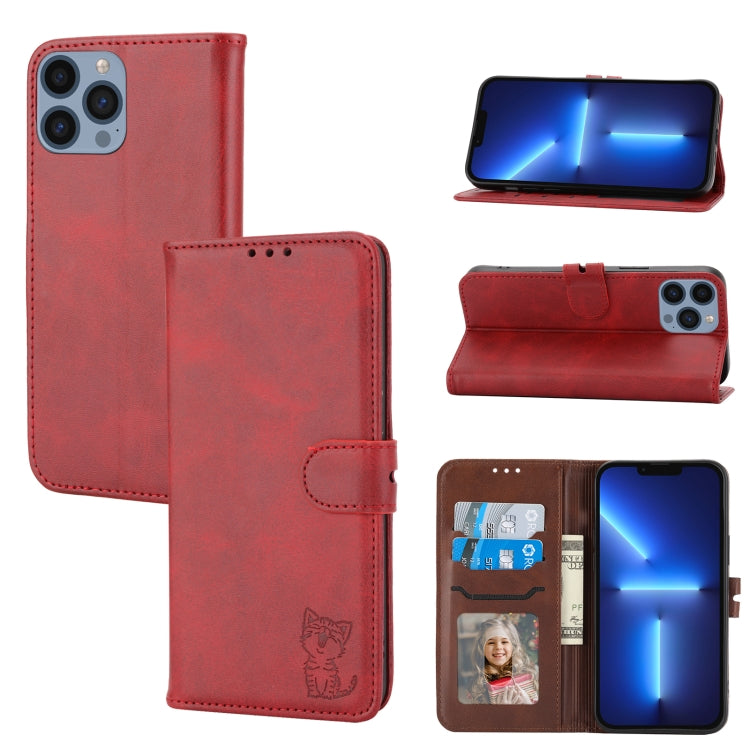 For iPhone 15 Pro Embossed Happy Cat Pattern Flip Leather Phone Case(Red) - HoMEdemic™ 