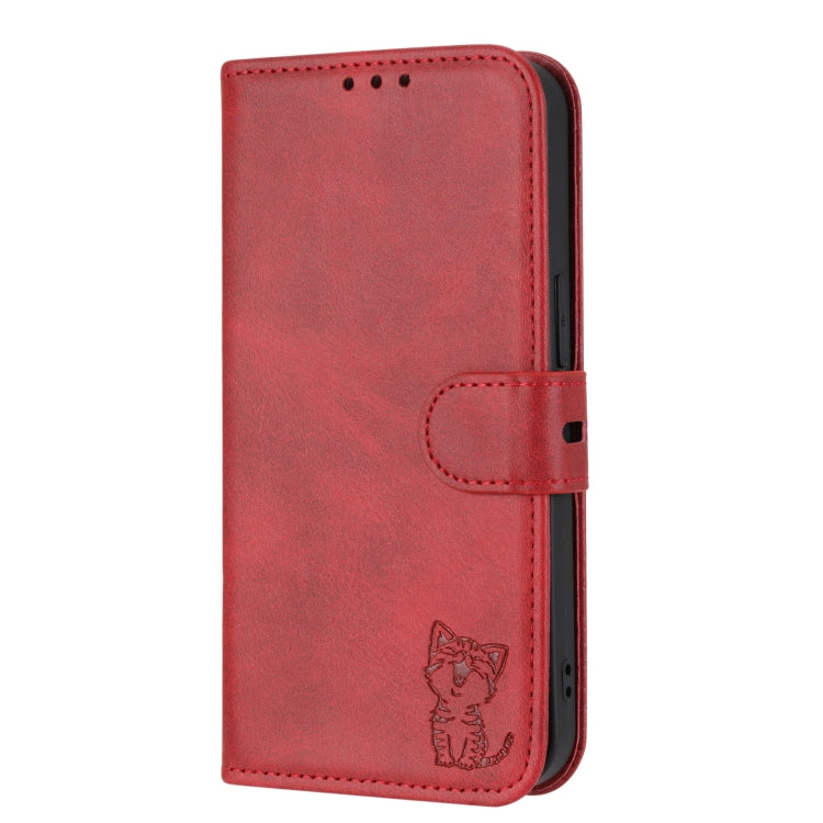 For iPhone 15 Pro Embossed Happy Cat Pattern Flip Leather Phone Case(Red) - HoMEdemic™ 