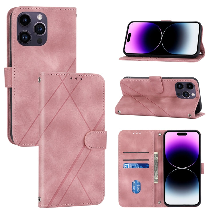 For iPhone 15 Pro Embossed Line Leather Phone Case with Lanyard(Pink) - HoMEdemic™ 